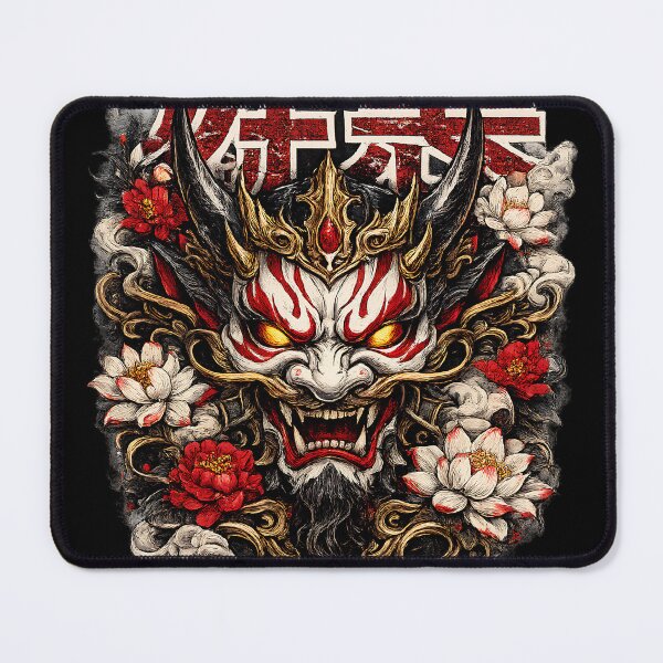 Item preview, Fierce Oni Demon Mask & Lotus Flowers | Japanese Tattoo Streetwear designed and sold by saamessart.