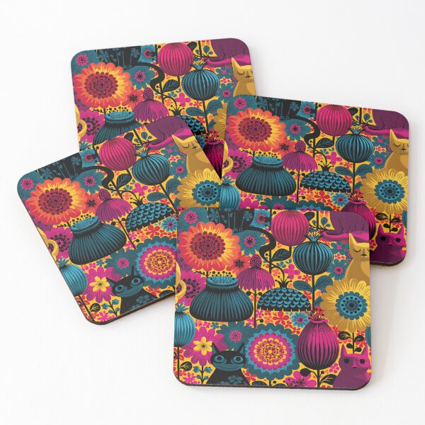 Item preview, Funky Retro Cats & Flowers – Colorful 70s Scandinavian Pattern designed and sold by obstinator.