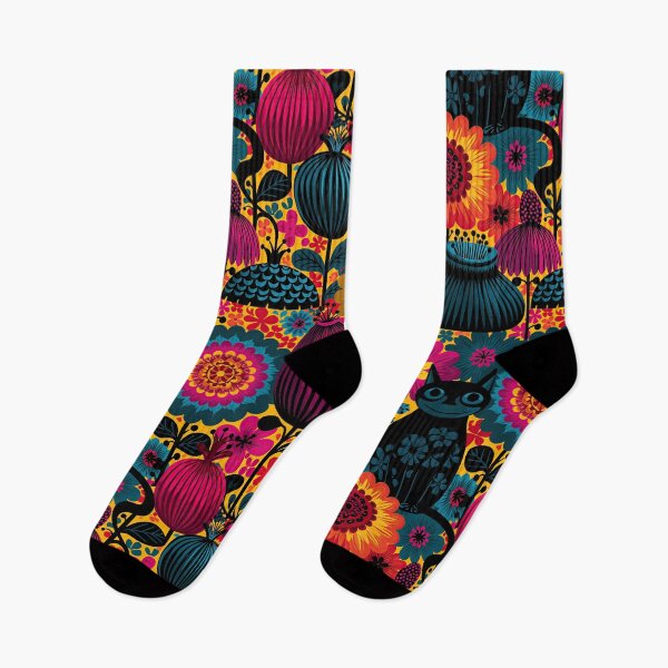 Item preview, Funky Retro Cats & Flowers – Colorful 70s Scandinavian Pattern designed and sold by obstinator.
