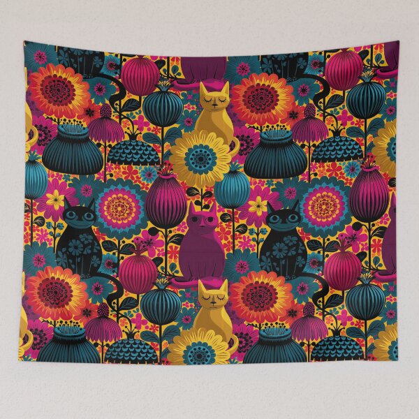 Item preview, Funky Retro Cats & Flowers – Colorful 70s Scandinavian Pattern designed and sold by obstinator.