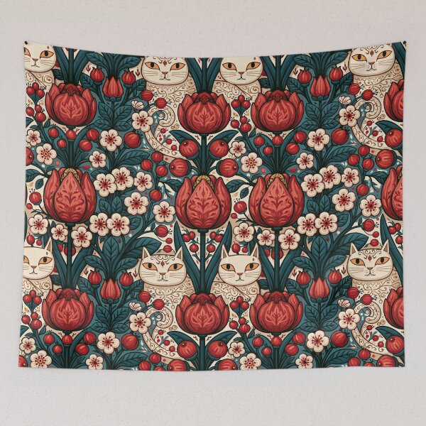 Item preview, Scandinavian Folk Art Cats & Tulips – Nordic Botanical Pattern designed and sold by obstinator.