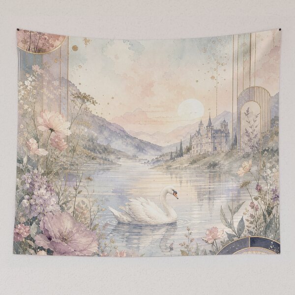 Item preview, Dreamy Swan Lake Watercolor Landscape designed and sold by ArtStyleAlice.