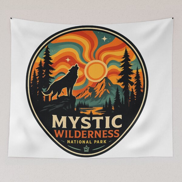 Item preview, Mystic Wilderness National Park - Retro Wolf Howling Sunset designed and sold by HumeThreads.
