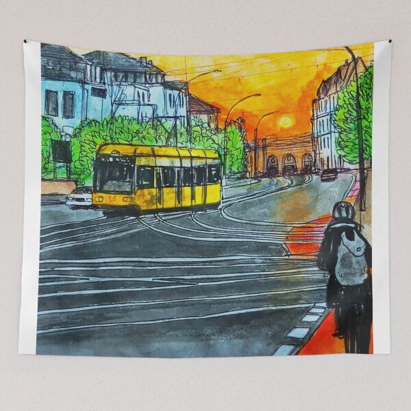 Item preview, Albertplatz at sunset – Dresden Neustadt Tram Urban Sketch designed and sold by UMA Urban Sketch.