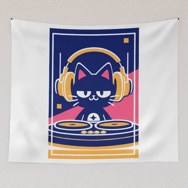 Item preview, Cat - Blue DJ Yellow Headphones Pink Ears designed and sold by DoodyPets.