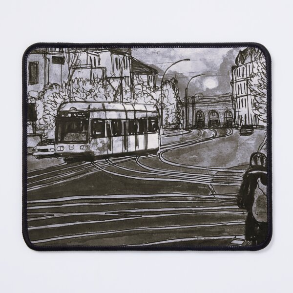 Item preview, Albertplatz in black and white – Dresden Neustadt Tram Ink Urban Sketch designed and sold by UMA Urban Sketch.