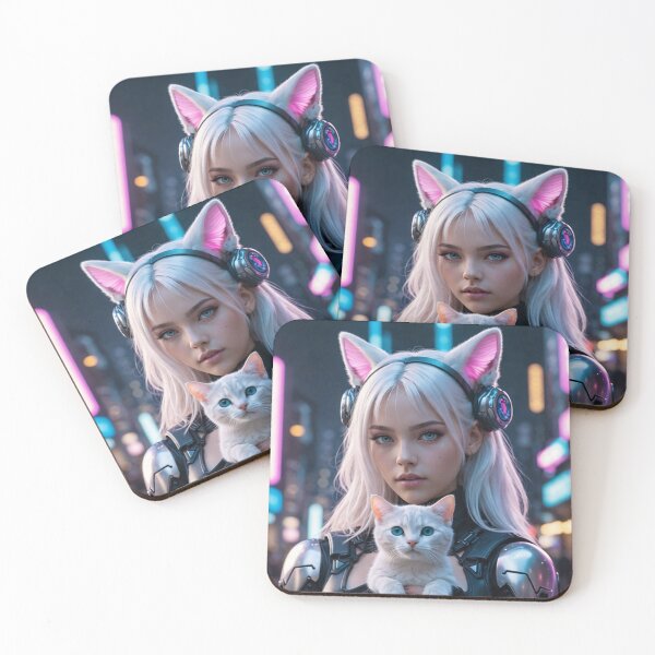 Item preview, Cyberpunk Neko Girl with Cute White Cat Neon Art designed and sold by UmSkelig834.