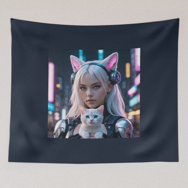 Item preview, Cyberpunk Neko Girl with Cute White Cat Neon Art designed and sold by UmSkelig834.