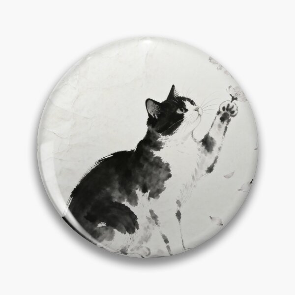 Item preview, Black and White Cat with Cherry Blossoms - Ink Art designed and sold by Enchanting East.