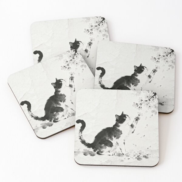 Item preview, Black and White Cat with Cherry Blossoms - Ink Art designed and sold by Enchanting East.