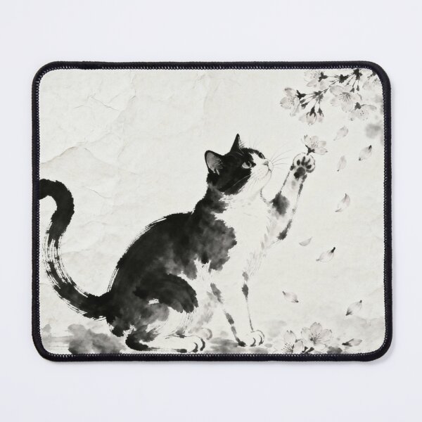 Item preview, Black and White Cat with Cherry Blossoms - Ink Art designed and sold by Enchanting East.