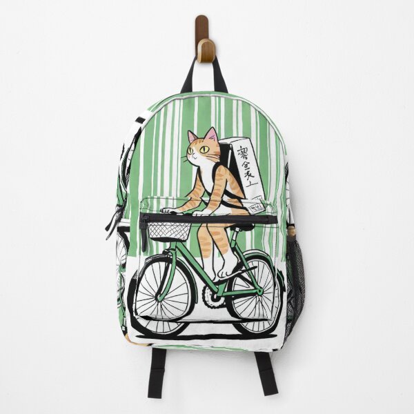 Item preview, Cat - Ramen Delivery Green Bike Striped BG designed and sold by DoodyPets.