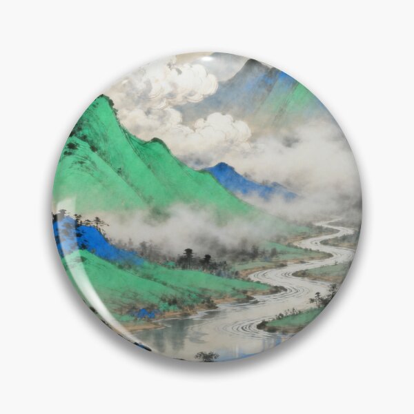 Item preview, Traditional Chinese Gongbi Landscape "Misty River Valley" Serene Mountains Art Print designed and sold by Enchanting East.