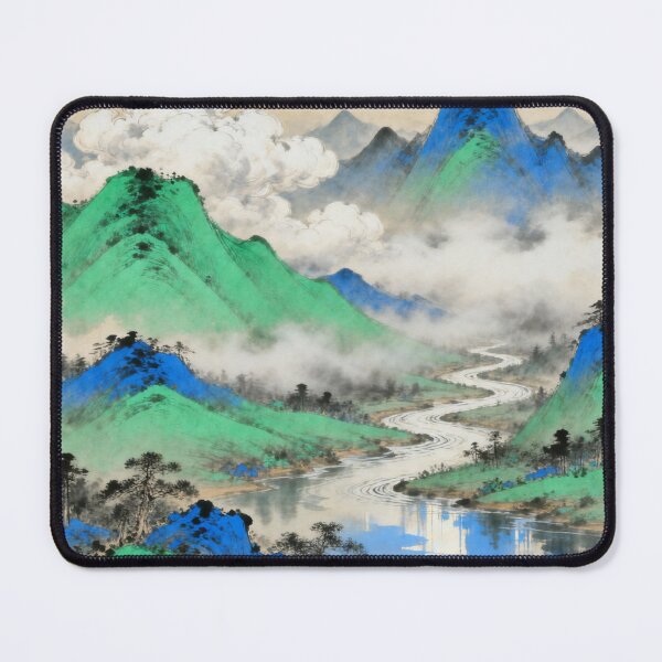 Item preview, Traditional Chinese Gongbi Landscape "Misty River Valley" Serene Mountains Art Print designed and sold by Enchanting East.