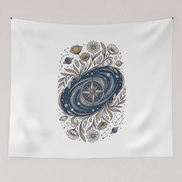 Item preview, Celestial Compass and Cosmic Floral Illustration designed and sold by GoldenPetalAma.