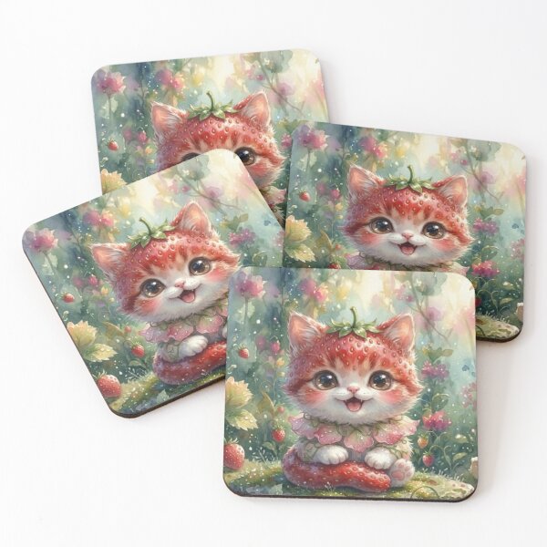 Item preview, Cute strawberry cat in enchanted garden | kawaii fantasy kitten watercolour art designed and sold by Joammiyon.
