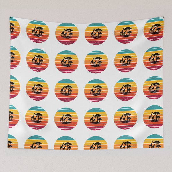 Item preview, Retro multi colored sunset silhouette featuring giraffes and acacia trees design  designed and sold by MKTreasures.