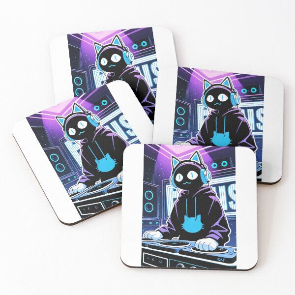 Item preview, Cat - Black DJ Cyan Neon Headphones designed and sold by DoodyPets.