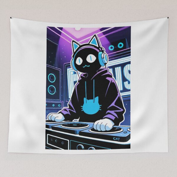 Item preview, Cat - Black DJ Cyan Neon Headphones designed and sold by DoodyPets.