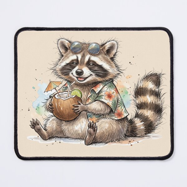 Item preview, Cute Watercolor Raccoon in Hawaiian Shirt with Coconut Drink designed and sold by BreezifyDesignStudio.
