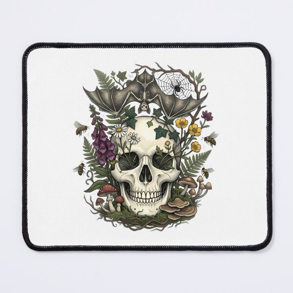 Item preview, Human skull surrounded by nature flowers and bat designed and sold by Linework Studio.