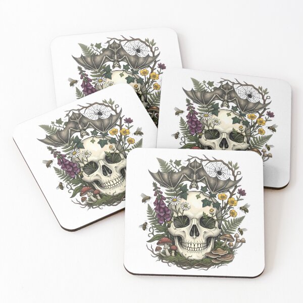 Item preview, Human skull surrounded by nature flowers and bat designed and sold by Linework Studio.