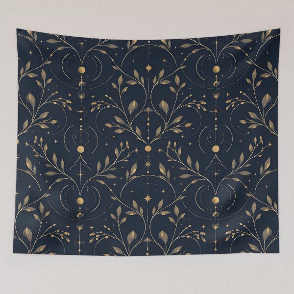 Item preview, Celestial Gold Botanical Magic Seamless Pattern on Navy Blue Pattern designed and sold by crackerflake.