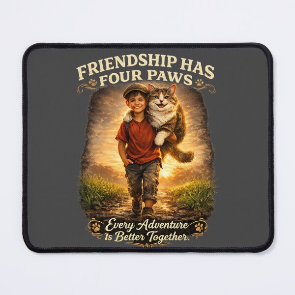 Item preview, Friendship Has Four Paws – Vintage Giant Cat and Village Boy Sunrise Adventure Graphic T-Shirt designed and sold by HOUSE OF TIST.