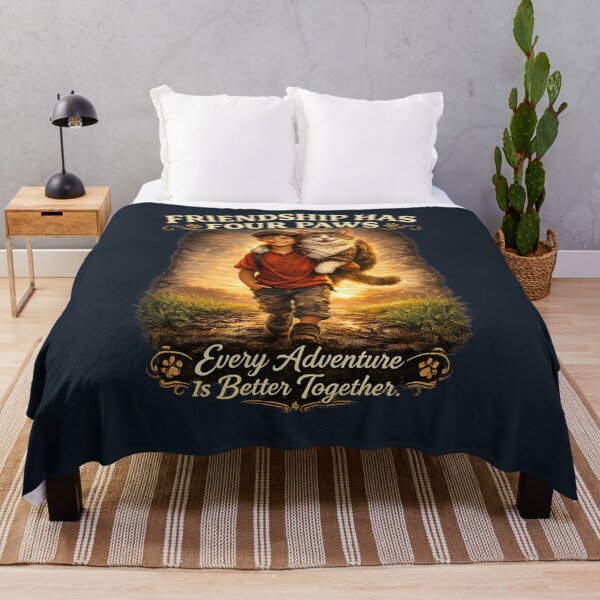 Item preview, Friendship Has Four Paws – Vintage Giant Cat and Village Boy Sunrise Adventure Graphic T-Shirt designed and sold by HOUSE OF TIST.