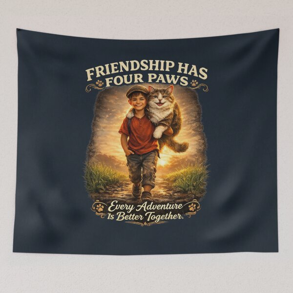 Item preview, Friendship Has Four Paws – Vintage Giant Cat and Village Boy Sunrise Adventure Graphic T-Shirt designed and sold by HOUSE OF TIST.