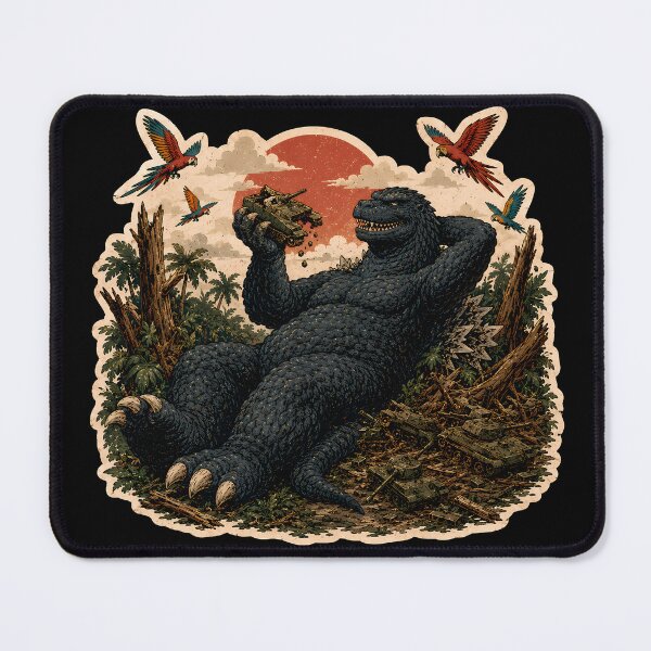 Item preview, Kaiju Chill In A Jungle Wreck designed and sold by Funny Vintage Stickers And T-Shirts.