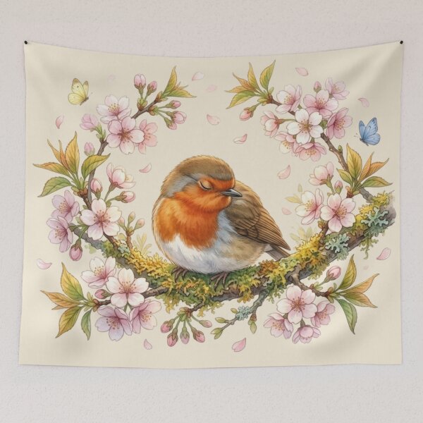 Item preview, Sleeping Robin Cherry Blossom Cottagecore Spring Art designed and sold by CalmCapy Co.