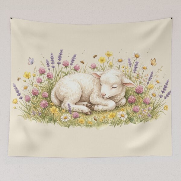 Item preview, Sleeping Lamb Wildflower Meadow Cottagecore Spring Art designed and sold by CalmCapy Co.