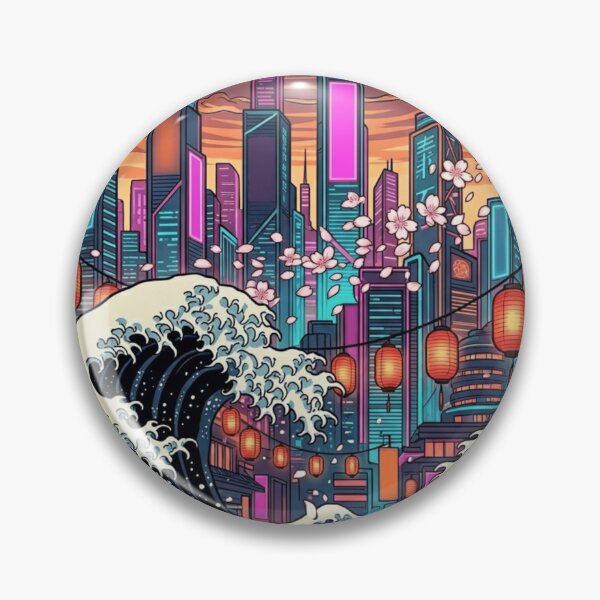 Item preview, Neo Tokyo Waves – Modern Ukiyo-e Cyberpunk Sakura Cityscape designed and sold by vekotpu.