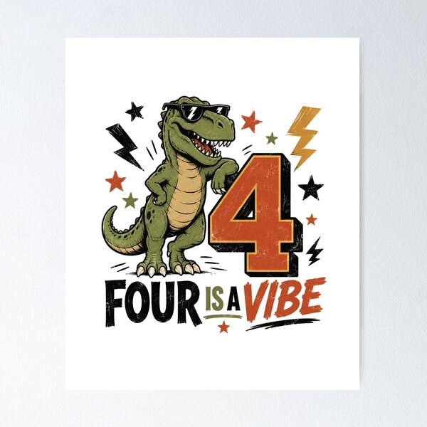 Item preview, Four Is A Vibe Dinosaur Birthday Shirt Cool T-Rex 4th Birthday Kids T-Shirt designed and sold by SunnyDesign82.