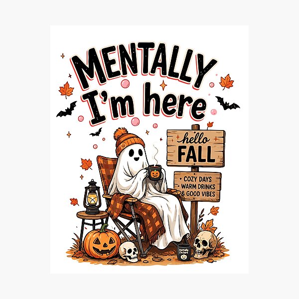 Item preview, Mentally I'm Here Ghost Fall Halloween Shirt | Cozy Autumn Vibes Cute Ghost Drinking Coffee designed and sold by Snifferius.