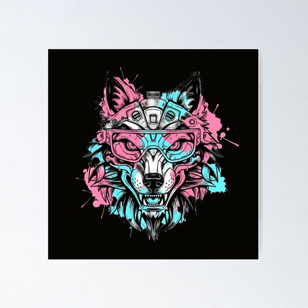 Item preview, Cyberpunk Mecha Wolf Futuristic Neon Splatter designed and sold by ArtdesignsA.