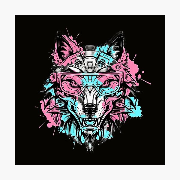 Item preview, Cyberpunk Mecha Wolf Futuristic Neon Splatter designed and sold by ArtdesignsA.
