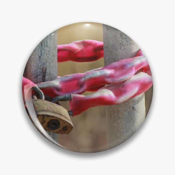 Item preview, Rusty Padlock Securing Pink Plastic-Wrapped Chain Around Metal Gate Posts With Shallow Focus designed and sold by Nmallia.