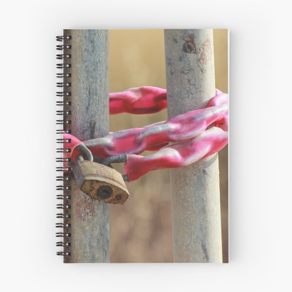 Item preview, Rusty Padlock Securing Pink Plastic-Wrapped Chain Around Metal Gate Posts With Shallow Focus designed and sold by Nmallia.