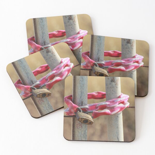 Item preview, Rusty Padlock Securing Pink Plastic-Wrapped Chain Around Metal Gate Posts With Shallow Focus designed and sold by Nmallia.