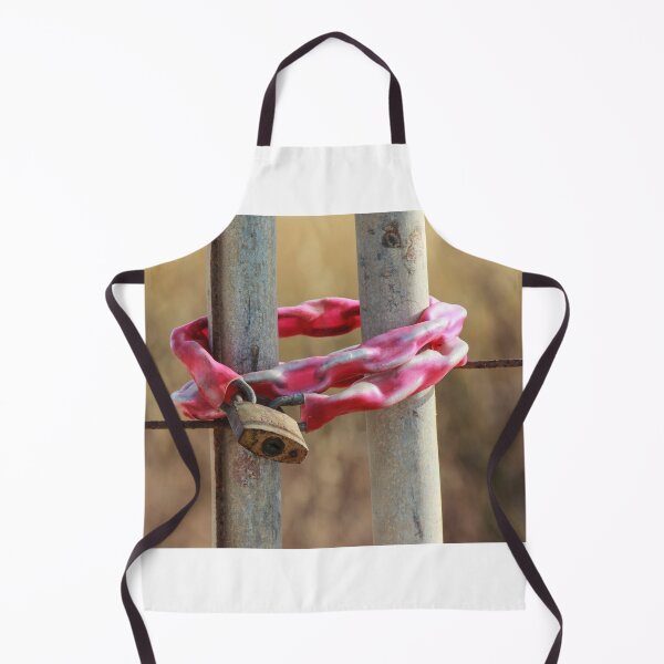 Item preview, Rusty Padlock Securing Pink Plastic-Wrapped Chain Around Metal Gate Posts With Shallow Focus designed and sold by Nmallia.