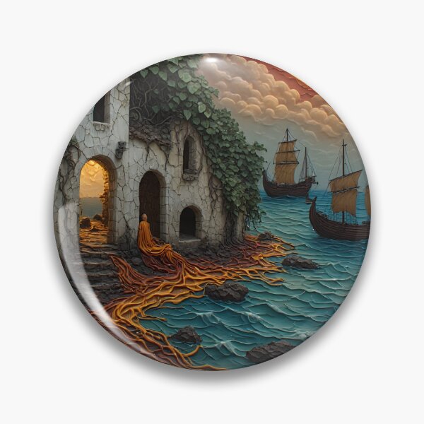 Item preview, Mystic Ruins by the Sea - Fantasy Monk & Ancient Sailing Ships Art designed and sold by MegaStore101.