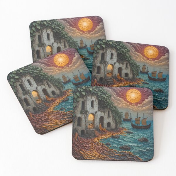 Item preview, Mystic Ruins by the Sea - Fantasy Monk & Ancient Sailing Ships Art designed and sold by MegaStore101.