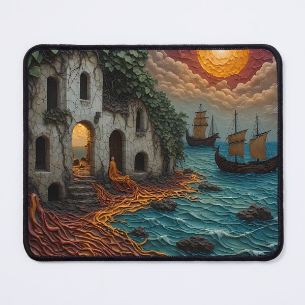 Item preview, Mystic Ruins by the Sea - Fantasy Monk & Ancient Sailing Ships Art designed and sold by MegaStore101.