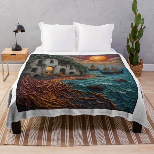 Item preview, Mystic Ruins by the Sea - Fantasy Monk & Ancient Sailing Ships Art designed and sold by MegaStore101.
