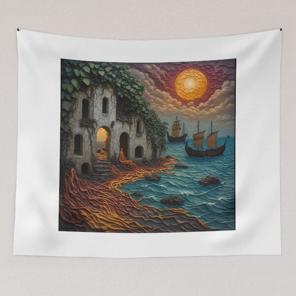Item preview, Mystic Ruins by the Sea - Fantasy Monk & Ancient Sailing Ships Art designed and sold by MegaStore101.