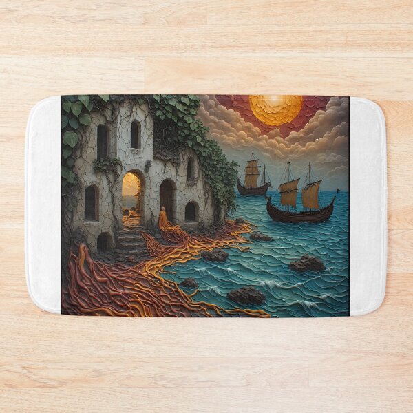Item preview, Mystic Ruins by the Sea - Fantasy Monk & Ancient Sailing Ships Art designed and sold by MegaStore101.