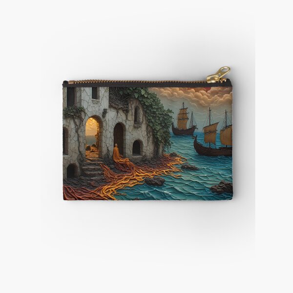 Item preview, Mystic Ruins by the Sea - Fantasy Monk & Ancient Sailing Ships Art designed and sold by MegaStore101.