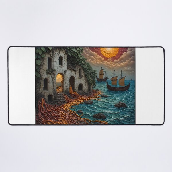 Item preview, Mystic Ruins by the Sea - Fantasy Monk & Ancient Sailing Ships Art designed and sold by MegaStore101.